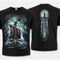 Juodi Marškinėliai Yggdrasil. Drakkar. Vegvisir, Rūninis kompasas. Vikingų stilius. Asatru. S