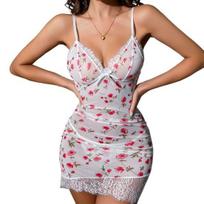 Moteriški permatomi nėrinių naktiniai marškiniai su V formos iškirpte, pilnas kombinezonas, chemise naktiniai marškiniai, seksuali permatoma bodidoll miego apranga su stringais XXL balta