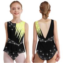 Merginų pasirodymo triko ritminei gimnastikai, be rankovių, blizgus, su kalnų krištolais, kontrastingos spalvos 5-6 Years fluorescencinė geltona spalva