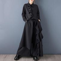 Plus size Vintage BLACK high Waist Casual loose spring Autumn wide leg Skirt Pants Women Trousers