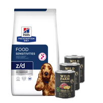 HILL'S PD Prescription Diet Canine z/d Jautrumas maistui 10kg + WILD FARM Monoprotein Wild Boar 3x800g hipoalerginis šunų ėdalas