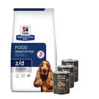 HILL'S PD Prescription Diet Canine z/d Jautrumas maistui 10kg + WILD FARM Monoprotein Pork 3x800g hipoalerginis maistas šunims