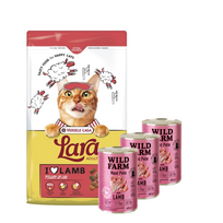 VERSELE-LAGA Lara Adult Lamb 7kg - Suaugusių kačių ėdalas su ėriena + WILD FARM Paštetas su ėriena 3x400g - ėdalas katėms be glitimo