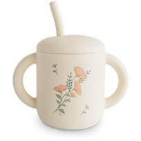 Mushie Silicone Training Cup Pink Flowers puodelis su šiaudeliu 170 ml