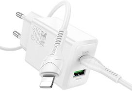 Telefono įkroviklis Hoco USB A + USB C QC3.0 PD AFC 3A 30W + laidas USB C į USB C N71 baltas