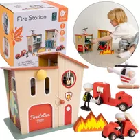 CLASSIC WORLD Gaisrinė stotis Medinis garažas Automatinis sraigtasparnis Figūrėlės 13el.