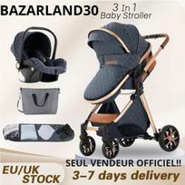 BAZARLAND30. 3 in 1 Vaikiška Vežimėlis Kombinuota Automobilinė Kėdutė Lopšys Trio Apvertimas Reguliuojama Aukštos Kokybės Nepripučiamais Ratukais. MĖLYNA