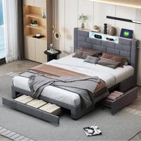 Lova 160 × 200 cm, su LED apšvietimu ir USB jungtimi,Dvigulė lova su trimis stalčiais, pilka, lininė