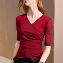 Mesh Backing Shirt Women's Autumn Cross V-Neck Medium Sleeve T-shirt Half Sleeve Top Elegant and Comfortable Women's T-Shirt S raudona