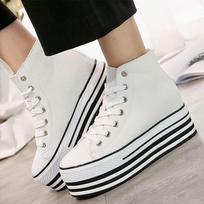Women's Canvas Lace-Up High-Top Hidden Heel Shoes with Thick Sole and Round Toe. 33 balta