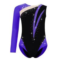 Mergaičių gimnastikos triko apvaliu kaklu, blizgiais cirkoniais, spalvų bloku, asimetriško dizaino, šokių pasirodymų bodis 5-6 Years fluorescencinė geltona spalva