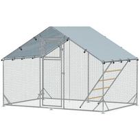 "PawHut" viščiukų aptvaras, pagamintas iš plieno, 300 x 200 x 195 cm viščiukų narvas su UV spinduliams atspariu dangčiu, šėrimo durelėmis, pakabinama lesyklė, lesykla, aptvaras 6-8 viščiukams, smulkiems gyvūnams, sidabrinės spalvos, Sidabras