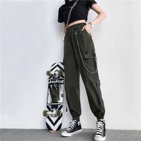 Moteriškos Cargo Kelnės Aukštu Liemeniu Harajuku Harem Kelnės Punk Goth Kelnės su Grandine S tamsiai žalia spalva