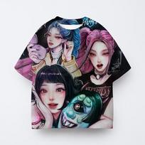 Girl Clothes Kpop Demon Hunters Cartoon Round Neck T-Shirt Cute Kids Summer Comfortable Soft T-shirt 170 mėlyna