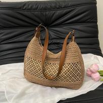 Woven straw bag women's shoulder hollow high-end woven bag large capacity seaside vacation beach tote bag zipper chaki