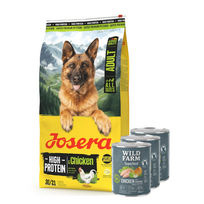 JOSERA High Protein Adult Chicken 12,5kg + WILD FARM Superfood Chicken (Vištiena su moliūgais, obuoliais ir žolelėmis) 3x800 g pašaro šunims be grūdų