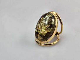 Žalias Gintarinis žiedas Amber ring didelis žiedas su gintaru ir auksu