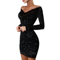 Seksualios vakarėlio naktinės suknelės moterims Rudeninė juoda, be pečių, ilgomis rankovėmis, kontrastinga nėriniuota Blizganti Bodycon Mini suknelė S
