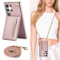 Užtrauktuko rankinė per petį su kortelių laikikliu, dirželiu, dangtelis, skirtas Samsung Galaxy S25 S24 Ultra S23 Plus S24FE S22 S21 S20 Note 20 For Galaxy Note 10 rožinio aukso spalvos