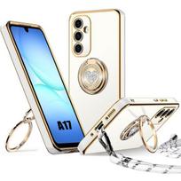 Dėklas Samsung Galaxy A17 4G/5G, Silikoninis su žiedu, Blizgančiu širdies raštu ir dirželiu - Baltas balta