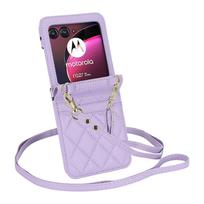 Madingas MOTO Razr 40 Odinis dėklas su kortelių laikikliu ir ilgu dirželiu-apyranke, skirtas Motorola MOTO Razr 40Ultra MOTO Razr 40Ultra violetinė