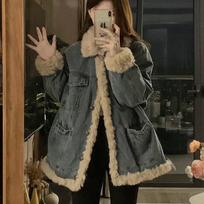Japoniška Retro Lamb Vilnonė Džinsinė Striukė Moterims Naujas Rudens ir Žiemos Style Avinos vilnos žieminiai stori medvilniniai drabužiai S mėlyna