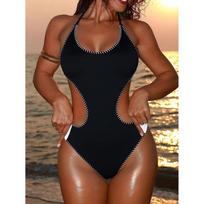 New Splicing Halter Cut Out One Piece Swimsuit Women Swimwear Female High Leg Cut Monokini Padded Bather Bathing Suit Swim V7087 S juoda