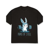 Men's Oversized T-Shirt Black Bunny Lifting Dumbbells Buns of Steel Print Gym Fitness Workout Casual Wear S juoda