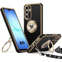 Dėklas Samsung Galaxy A17 4G/5G, minkštas silikonas su širdelės formos žiedu ir raišteliu - Juodas juoda