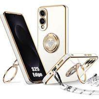 Coque pour Samsung Galaxy S25 Edge, Souple TPU Slim avec Anneau Rotatif Motif Cœur et Cordon - Blanc balta