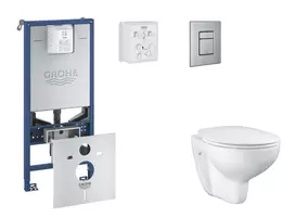 Grohe Rapid SLX - Pakabinamų klozetų elementų rinkinys, WC su minkšto uždarymo dangčiu ir Skate Cosmopolitan nuleidimo mygtuku, šlifuoto nerūdijančio plieno SANI11BB2103