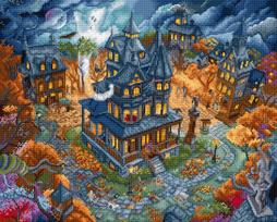 Helovino siuvinėjimo kryželiu rinkinys „Haunted Happenings“, 38×31 cm