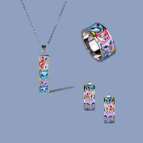 Gradient Enamel Fox Jewelry Set: Ring, Necklace & Earrings Ring Size 7