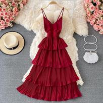 KOSY Summer Women Draped Ruffle Spaghetti Strap Dress Vacation Beach Vestidos Female Elegant High Waist Slim Midi Robe One Size