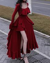 KOSY Autumn Red Vintage Elegant Dress Women Flare Sleeve Designer Sweet Long Dress Female Ruffles Retro Princess Irregular Dress S raudona