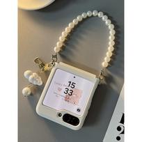 Atlenkiamas dėklas telefonui Samsung Galaxy Z Flip 6 Zflip 5 4 Dėklas Elegantiškas perlo pakabukas grandinėlė Baltas odinis dangtelis Fundas For Samsung Galaxy Z Flip6