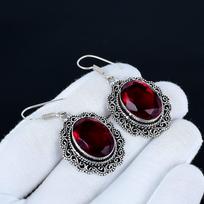 Raudoni granato akmens auskarai, 925 svarų sterlingų sidabro auskarai, Rankų darbo sidabriniai auskarai dovanai, Raudono granato lašiniai auskarai Naujųjų Metų dovanai 5 Cm raudona