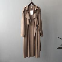 Pavasarinis moteriškas ilgas paltas, madinga vėjo striukė senovinė, didelė kišeninė, elegantiška biuro viršutinė apranga plius dydis L chaki