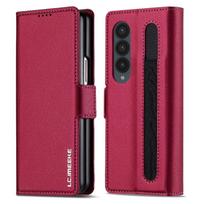 Magnetinis odinis apverčiamas telefono dėklas, skirtas Samsung Galaxy Z Fold4/Z Fold 3, su įmontuota pinigine, kortelių ir rašiklio laikikliu(Išskyrus rašiklį) Samsung Z Fold4 raudona