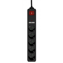 EnerGenie Extension Cord with USB Charger, 5 Outlets, 1.5 m, Black | SPG5-U2-5-02