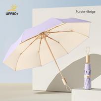 Kompaktiškas automatiniu mechanizmu skėtis UV apsauga ,  Violetinė + smėlio spalvos