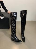 madingi moteriški virš kelių batai su smailiais pirštais, kojinės tipo batai, stori aukšti kulniukai, Botas, įsispiriami, vakarėlio bateliai, lakuotos odos, suknelės, žiemos batai 5.5