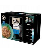 SHEBA Selection Fish 4 x 12x85 g drėgnas visavertis pašaras suaugusioms katėms su lašiša ir juodąja menke, baltąja žuvimi, vandenyno žuvimi, menke