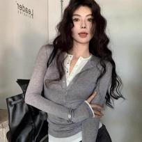Spring Autumn Fake Two Pieces Slim Bottomed Tee Women Long Sleeve Casual All-match Pullover Top Bottons T-shirt S pilka