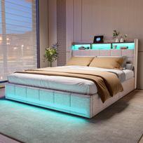 Lova 160 × 200 cm, su LED apšvietimu ir USB jungtimi, dvigulė lova, keturiais stalčiais, smėlio spalvos