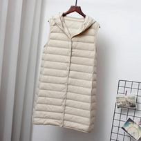 Women Ultra Light Down Long Vest with Hood Casual Slim Waistcoat 90% White Duck Down Gilet M smėlis