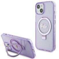Guess Ring Stand Script Glitter MagSafe case for iPhone 15 Plus / 14 Plus - purple