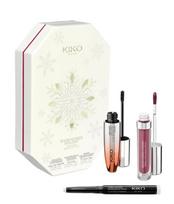 Makiažo dovanų rinkinys Kiko Milano Snow-Kissed Holiday apimties suteikiantis tušas, matiniai arba žvilgantys lūpų dažai ir akių šešėlių pieštukas