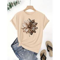New Women's Retro Floral and Leopard Print Round Neck Short Sleeved T-shirt Casual and Holiday Wear Urban Style Printed T-Shirt M beige