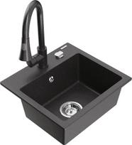 Granitinė virtuvinė plautuvė Mexen Milo su maišytuvu ir sifonu, Black granite
